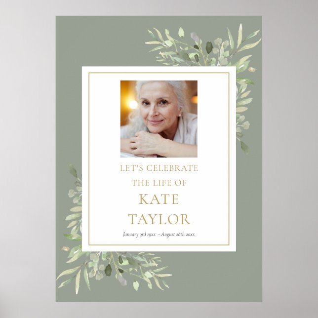 Elegant Greenery Photo Celebration of Life Sign (Front)