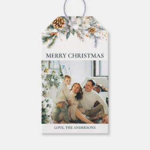 Elegant Greenery & Photo Forest Green Christmas Gift Tags