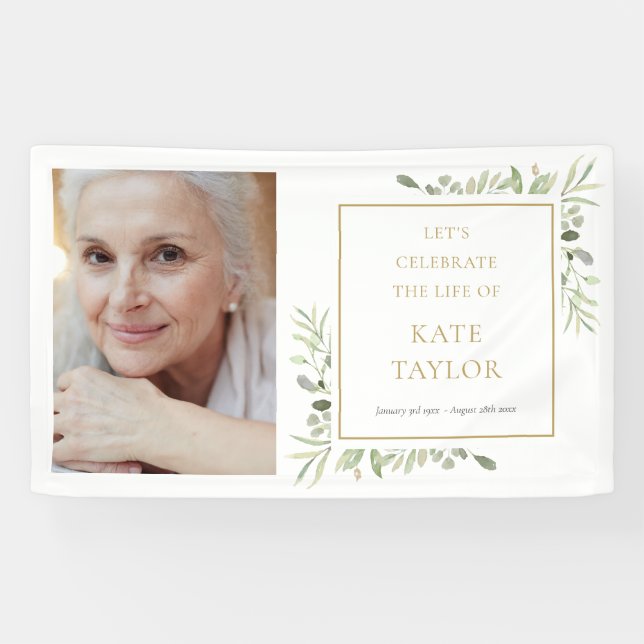 Elegant Greenery Photo Funeral Memorial Service Banner (Horizontal)