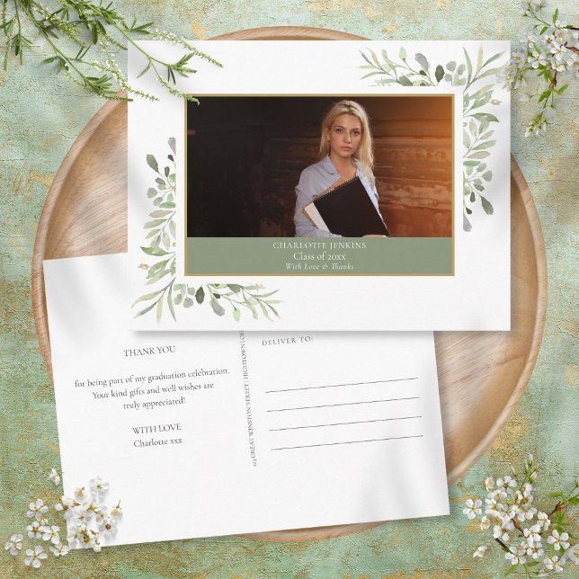 Elegant Greenery Photo Graduation Thank You  Postcard (Creator Uploaded)