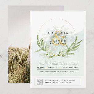 Elegant Greenery PHOTO Wedding Invitation QR CODE