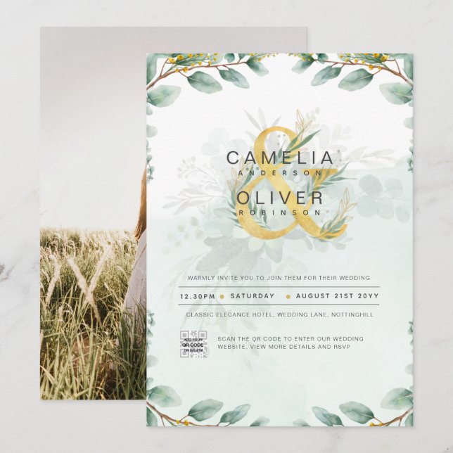 Elegant Greenery PHOTO Wedding Invitation QR CODE (Front/Back)