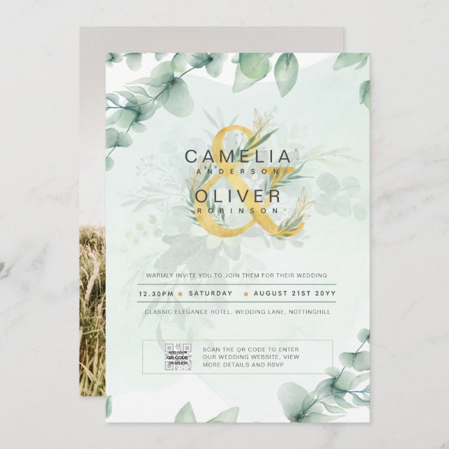 Elegant Greenery PHOTO Wedding Invitation QR CODE (Front/Back)