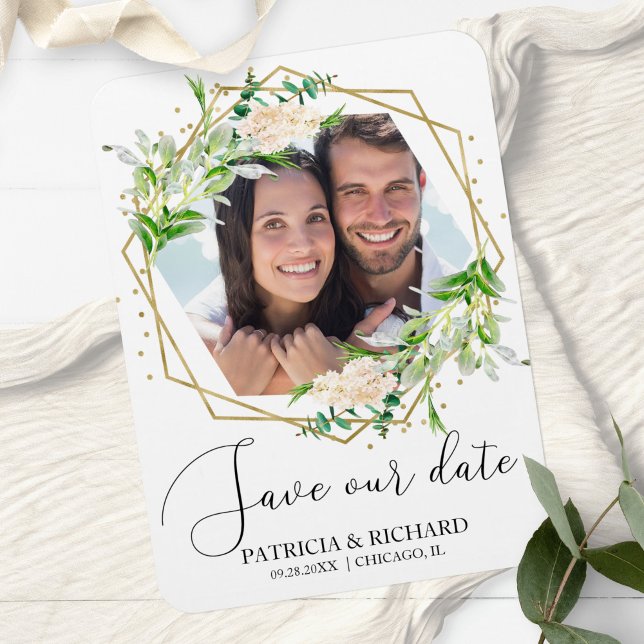 Elegant Greenery Photo Wedding Save the Date Magnet (Creator Uploaded)