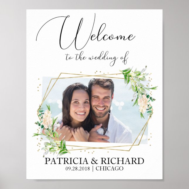 Elegant Greenery Photo Wedding Welcome Sign (Front)