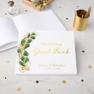 Elegant Greenery Photo White and Gold Wedding  Guest Book