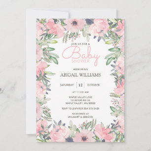 Elegant Greenery Pink Floral Baby Shower Invitation