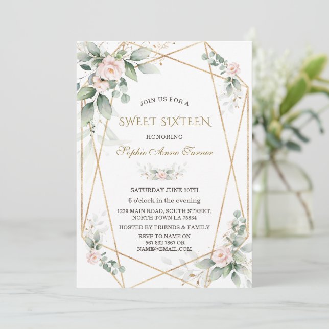 Elegant Greenery Pink Floral Gold Sweet Sixteen Invitation (Standing Front)