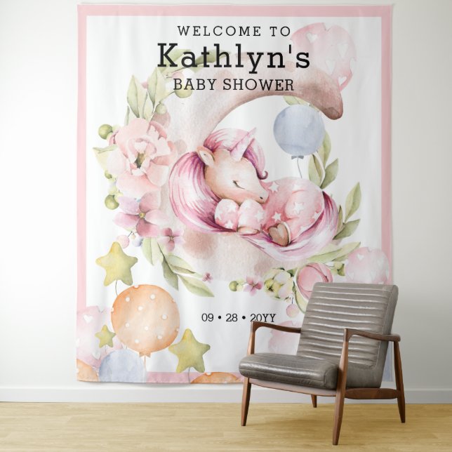 Elegant Greenery Pink Unicorn Girl Baby Shower Tapestry (In Situ)