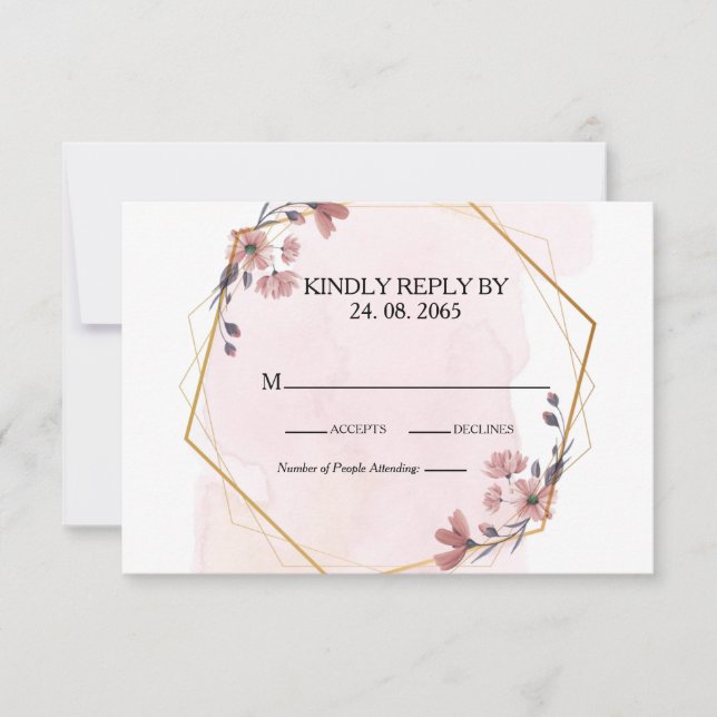 Elegant Greenery Pink Watercolor Geometric Wedding RSVP Card (Front)