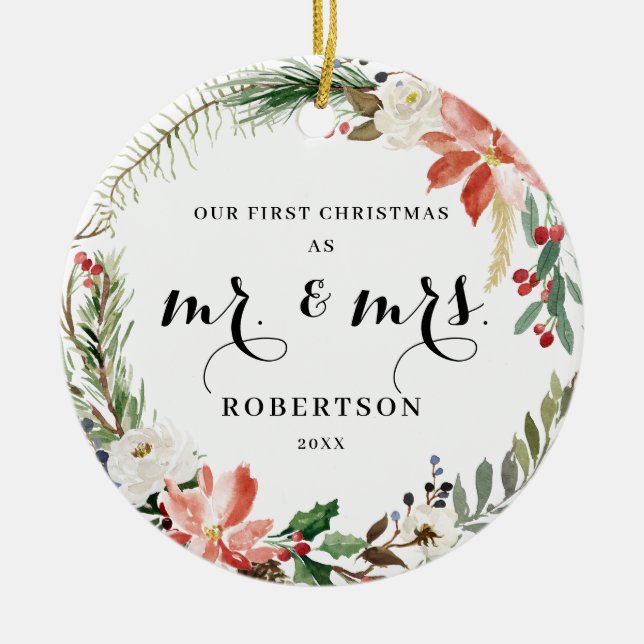 Elegant Greenery Poinsettia First Christmas Ceramic Tree Decoration (Front)