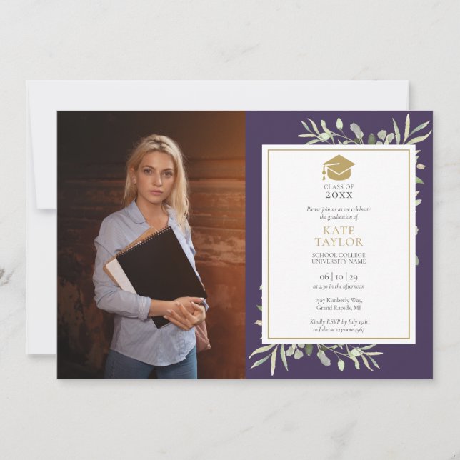 Elegant Greenery Purple Graduation Party Photo Inv Invitation (Front)