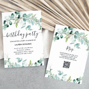 Elegant Greenery QR Code Birthday Party Invitation