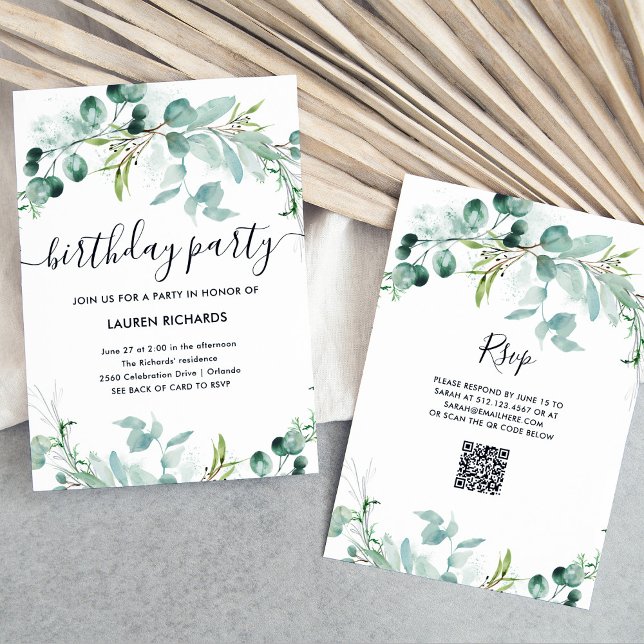 Elegant Greenery | QR Code Birthday Party Invitation (A simple and elegant birthday party invitation with green watercolor eucalyptus leaves)