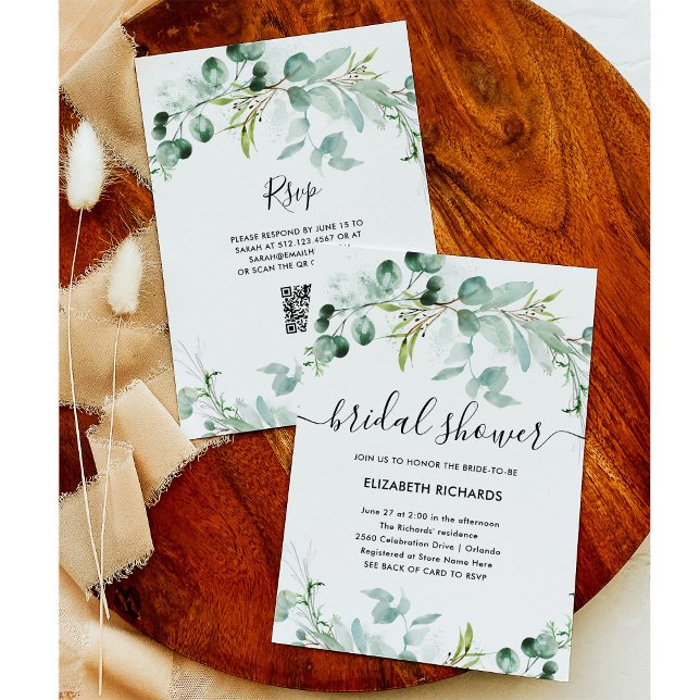 Elegant Greenery | QR Code Bridal Shower Invitation (An elegant bridal shower invitation with greenery and a scannable QR code)