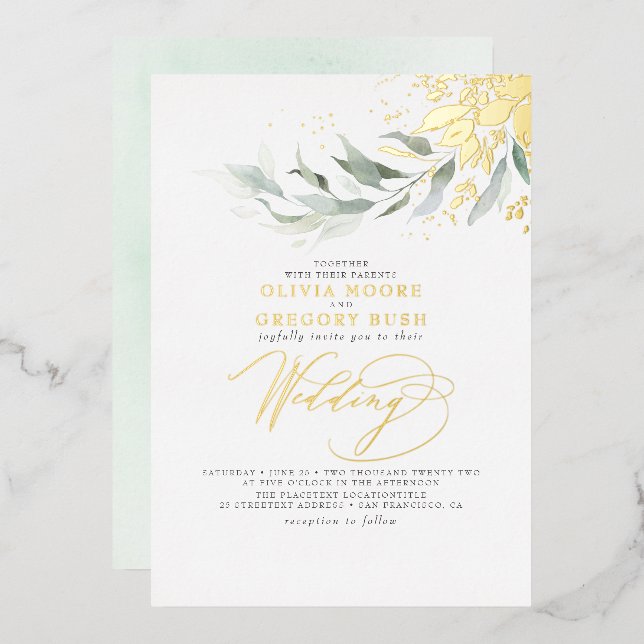 Elegant Greenery Real Gold Foil Boho Wedding (Front/Back)