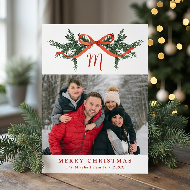 Elegant Greenery Red Bow Monogram Photo Holiday Card (Creator Uploaded)