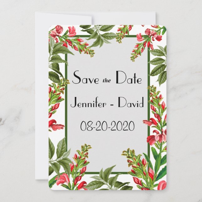 Elegant Greenery Red Floral Traditional Wedding Save The Date (Front)