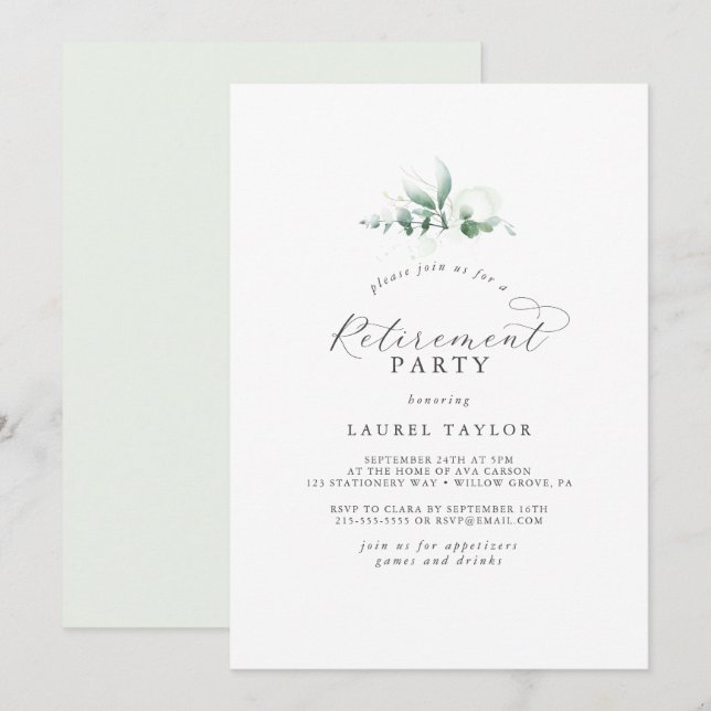 Elegant Greenery Retirement Party Invitation (Front/Back)
