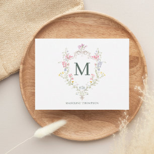 Elegant Greenery Rococo Floral Crest Monogram Card