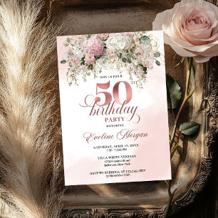 Elegant Greenery Rose Gold Blush 50th Birthday  Invitation