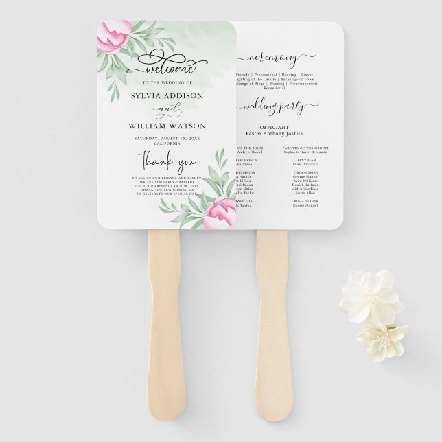 Elegant Greenery Rose Minimal Gold Wedding Program Hand Fan (Front and Back)