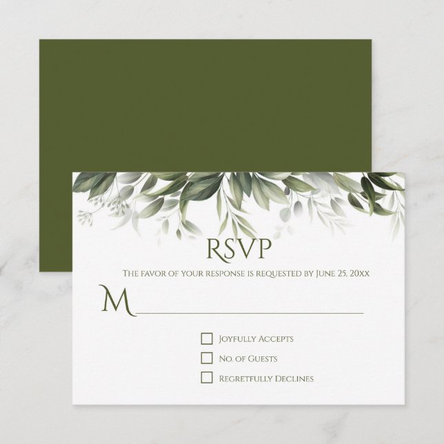 Elegant Greenery RSVP - Dark Olive Green (Front/Back)