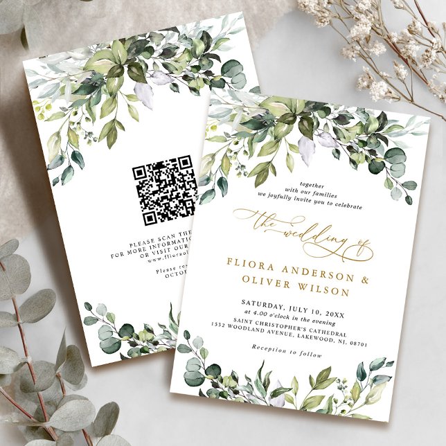 Elegant Greenery Rustic Botanical QR Code Wedding  Invitation (Elegant Greenery Rustic Botanical QR Code Wedding Invitation)