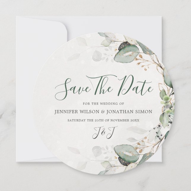 Elegant Greenery Rustic Eucalyptus Floral Save The Date (Front)
