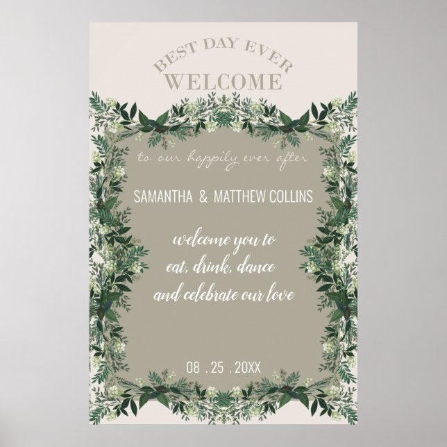 Elegant Greenery Rustic Wedding Reception Sign (Front)