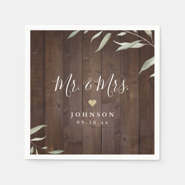 Elegant greenery rustic wood Mr & Mrs wedding Napkin (Front)
