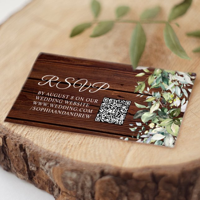 Elegant Greenery Rustic Wood Wedding QR Code RSVP Enclosure Card (Creator Uploaded)