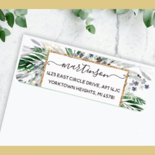 Elegant Greenery Script Gold Frame Return Address