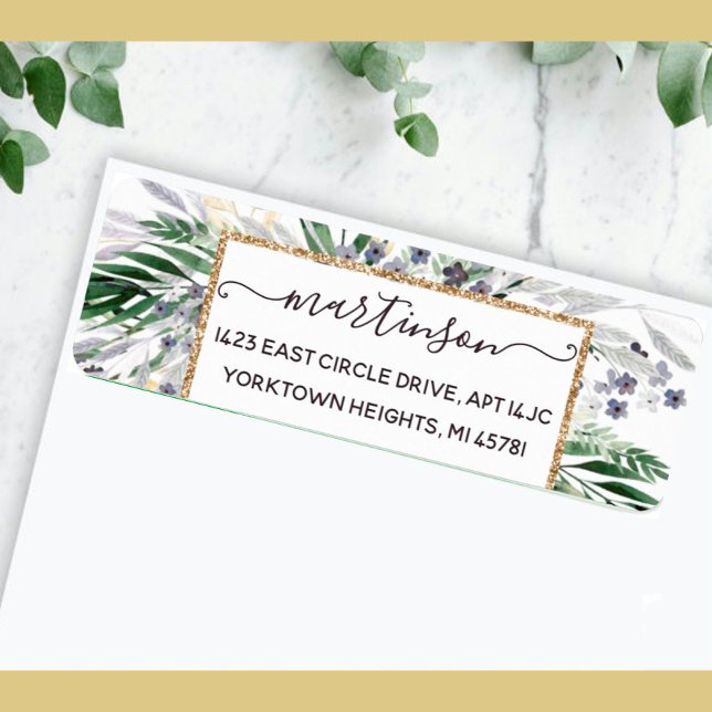 Elegant Greenery Script Gold Frame Return Address  (Creator Uploaded)