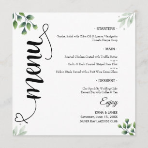 Elegant Greenery Script Round Wedding Flat Menu