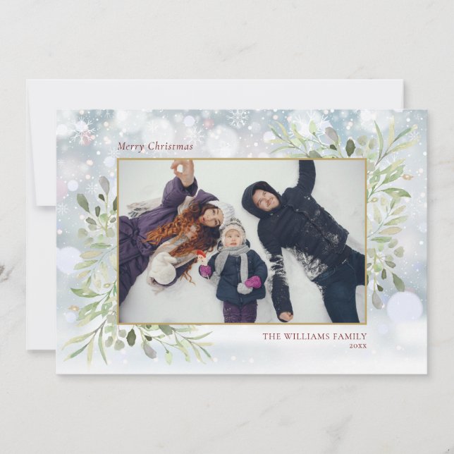 Elegant Greenery Snowflakes Merry Christmas Photo Holiday Card (Front)