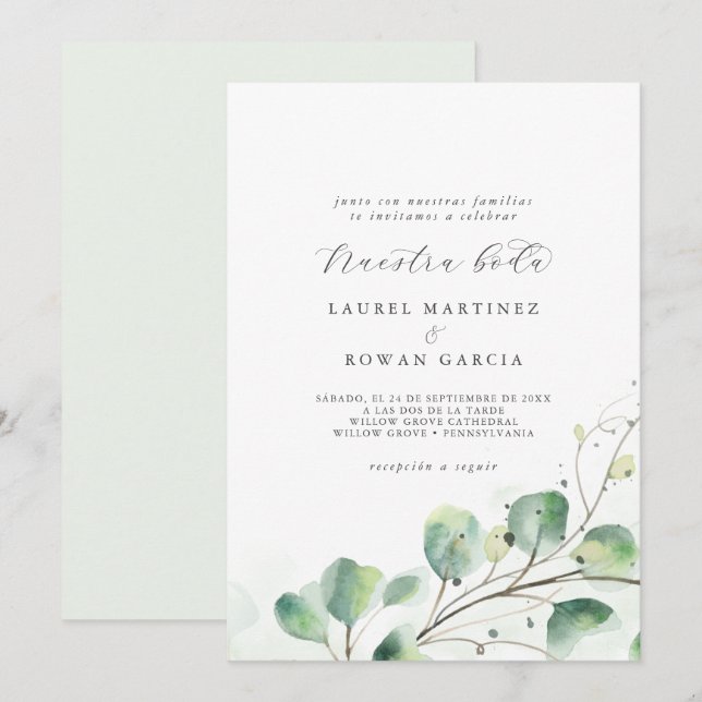 Elegant Greenery Spanish Nuestra Boda Wedding Invitation (Front/Back)