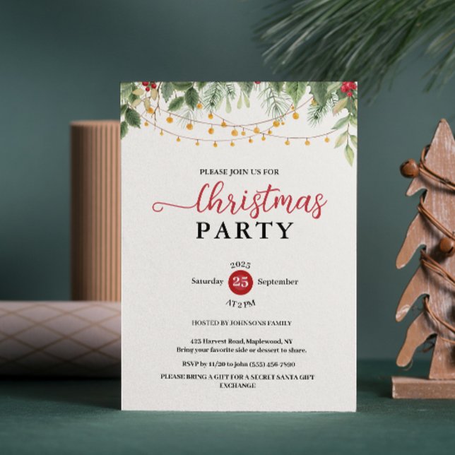 Elegant Greenery String Lights Christmas Party Invitation (Elegant Christmas Party Greenery String Lights holiday holly berries Watercolor pine branches)