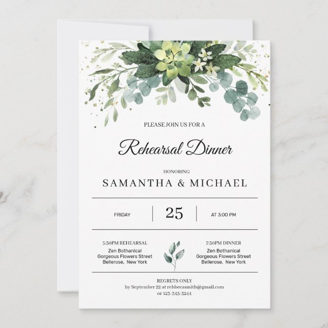 Elegant greenery succulent leaves floral rehearsal invitation (Front)