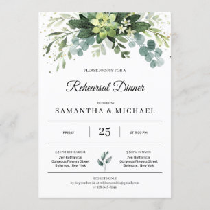 Elegant greenery succulent leaves floral rehearsal invitation