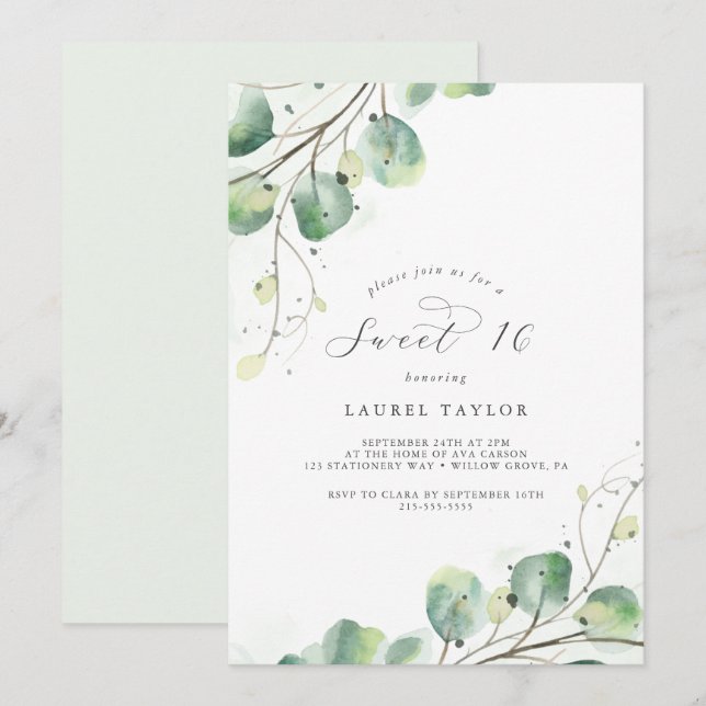Elegant Greenery Sweet Sixteen Birthday Invitation (Front/Back)