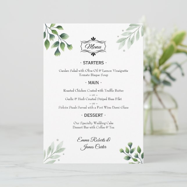 Elegant Greenery Table Wedding Menu (Standing Front)