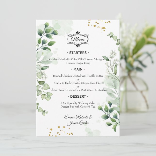 Elegant Greenery Table Wedding Menu (Standing Front)