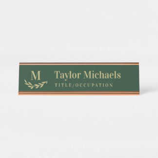 Elegant Greenery Tan Dark Green Monogram & Name Desk Name Plate