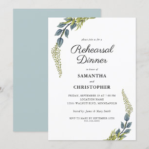 Elegant Greenery Teal and Green Rehearsal Dinner Invitation