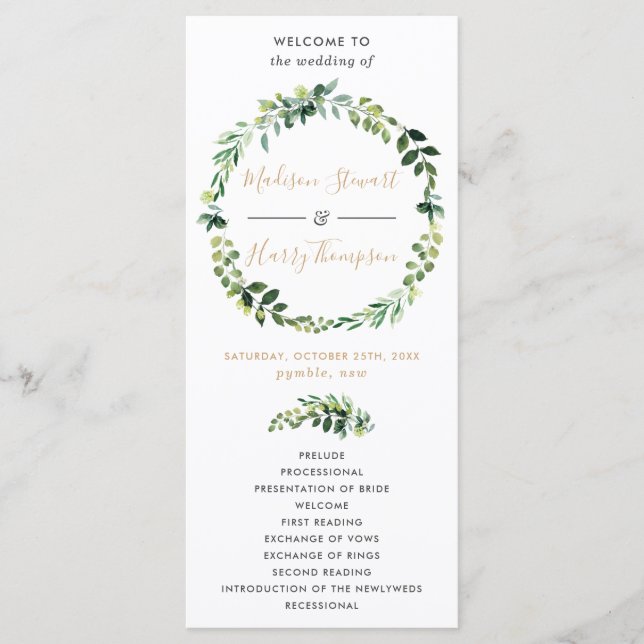Elegant Greenery Typography Wedding Program Programme (Front)