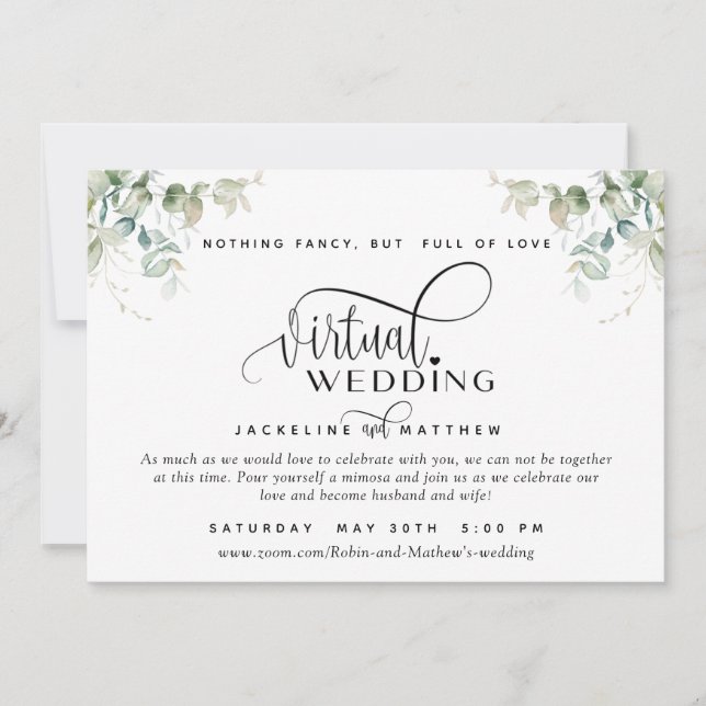 Elegant Greenery, Unique Online Virtual Wedding Save The Date (Front)