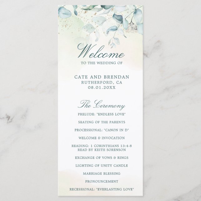 Elegant Greenery Watercolor Eucalyptus Wedding Programme (Front)