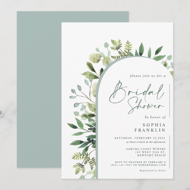 Elegant Greenery Watercolor Floral Bridal Shower  Invitation (Front/Back)