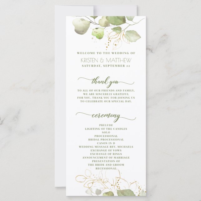 Elegant Greenery Watercolor Floral Gold Program (Front)